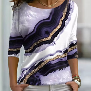 3/4 Arm Bluse Geode-Muster Lila Weiß Damenmode