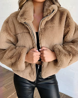 Beige Teddyjacke aus weichem Fleece mit hohem Kragen, Reißverschluss und langen Ärmeln, abgebildet in der Farbe Khaki in Größe 5XL.