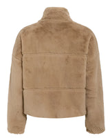 Beige teddy jacket for women made of soft fleece with a zip-up front and high collar, featuring long sleeves and a cozy, fur-like texture.