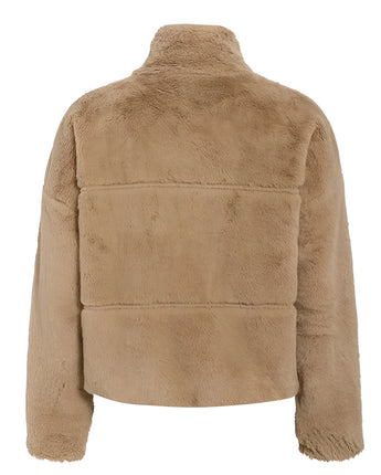 Beige teddy jacket for women made of soft fleece with a zip-up front and high collar, featuring long sleeves and a cozy, fur-like texture.