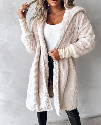 Blush pink faux fur teddy coat for women, shown in beige color, showcasing details like shoulder and sleeve design with a waist-length style, suitable for winter fashion.