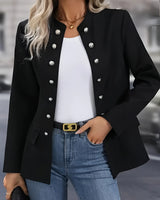 Damen Doppelreihiger Schwarzer Blazer mit Silberknöpfen, elegant und vielseitig, gezeigt auf einem weißen Hintergrund.