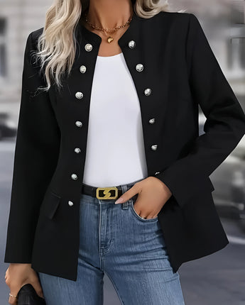 Damen Doppelreihiger Schwarzer Blazer mit Silberknöpfen, elegant und vielseitig, gezeigt auf einem weißen Hintergrund.