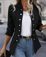 Damen Doppelreihiger Schwarzer Blazer mit Silberknöpfen in Größe 2XL, gezeigt auf weißem Hintergrund.