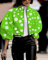 Damen neon grün gepunktete cropped Jacke in gelbgrün, Größe XL, mit langen Ärmeln und modischem urbanen Design.