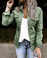 Olive green military-style jacket for women in size 3XL, featuring a collared design with long sleeves and multiple pockets, styled with jeans for a casual outerwear look.