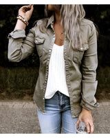 Olive military-style jacket for women in a light grey color, featuring long sleeves, a classic collar, and a casual, fashionable design. Suitable for outerwear, available in size 3XL.