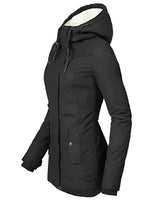 A black women's parka featuring a fur-lined hood, designed to be warm and waterproof with long sleeves and a high collar.
