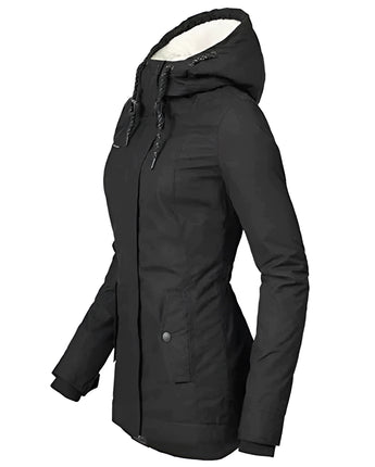 A black women's parka featuring a fur-lined hood, designed to be warm and waterproof with long sleeves and a high collar.