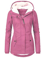 Damen schwarzer Parka mit rosa Farbton, 3XL Größe, ausgestattet mit einer fellbesetzten Kapuze und langen Ärmeln.