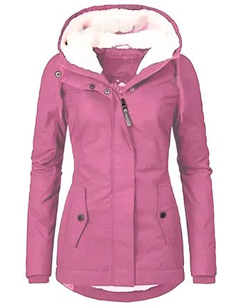 Damen schwarzer Parka mit rosa Farbton, 3XL Größe, ausgestattet mit einer fellbesetzten Kapuze und langen Ärmeln.