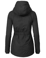 Black women's parka with fur hood, showcasing long sleeves and a sleek design.