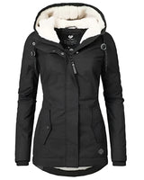 
A black women's parka in size 3XL featuring a warm, waterproof design with a fur hood. The parka has a sleek collar and long sleeves, ideal for cold weather.