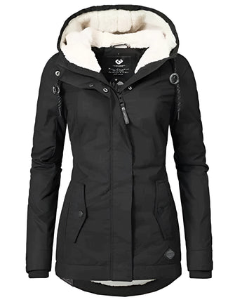 
A black women's parka in size 3XL featuring a warm, waterproof design with a fur hood. The parka has a sleek collar and long sleeves, ideal for cold weather.