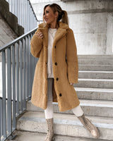 Brown long teddy coat for women featuring fur-like outerwear, fashionable design, with long sleeves and an overcoat style; shown in khaki color and XXL size, ideal for winter wear.