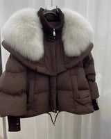 Brown designer women's winter jacket with fur collar, featuring a grey down material, long sleeves, and a parka style, showcasing a fashionable design.