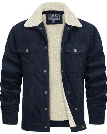 Braune Herren Cordjacke mit Sherpa-Kragen, isolierte Winterjacke in Marine, Größe 2XL, mit Knöpfen und langen Ärmeln.