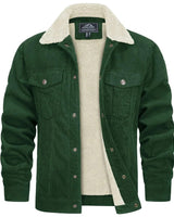 Herren Cordjacke in Braun mit Sherpa-Kragen, isolierte Winterjacke, Waldgrün, Größe 2XL, lange Ärmel, Knopfverschluss, modisches Design.