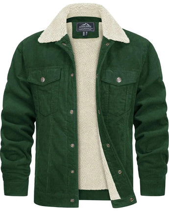 Herren Cordjacke in Braun mit Sherpa-Kragen, isolierte Winterjacke, Waldgrün, Größe 2XL, lange Ärmel, Knopfverschluss, modisches Design.