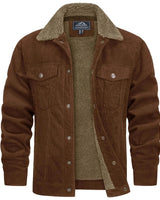 Braune Herren-Cordjacke mit Sherpa-Kragen in Größe 2XL, isolierte Winterjacke mit Knöpfen und langen Ärmeln.