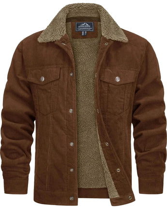 Braune Herren-Cordjacke mit Sherpa-Kragen in Größe 2XL, isolierte Winterjacke mit Knöpfen und langen Ärmeln.