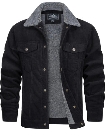 Braune Herren-Cordjacke mit Sherpa-Kragen, isoliert für den Winter, in der Größe 2XL, mit Knöpfen und langen Ärmeln.