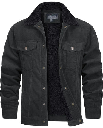 Braune Herren-Cordjacke mit Sherpa-Kragen und isoliertem Innenfutter, passend für den Winter; abgebildet in der Farbe Schwarz, Größe 2XL.