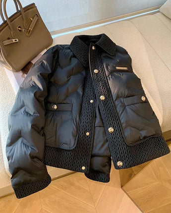 Navy luxury quilted men's jacket with high collar, shown in black color and XXL size, featuring a sleek design with long sleeves and a patterned texture.