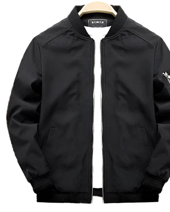 Black men's bomber jacket in lightweight fabric, featuring a stylish urban design. The jacket includes a collar, long sleeves, and button details, available in size 4XL.