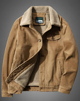 Brown vintage-style corduroy jacket for men with sherpa lining, featuring long sleeves, a button-up front, classic collar, and multiple pockets, shown in a khaki color and size 4XL.