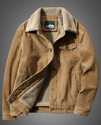Brown vintage-style corduroy jacket for men with sherpa lining, featuring long sleeves, a button-up front, classic collar, and multiple pockets, shown in a khaki color and size 4XL.