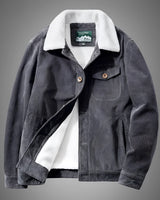 Men's vintage-style brown corduroy jacket with sherpa lining, featuring a collar and long sleeves, shown in a grey color, size 4XL, suitable for winter wear.