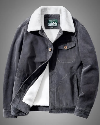 Men's vintage-style brown corduroy jacket with sherpa lining, featuring a collar and long sleeves, shown in a grey color, size 4XL, suitable for winter wear.