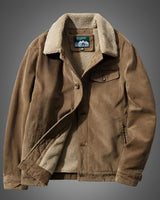 Brown corduroy jacket with a vintage design, featuring Sherpa lining for warmth. The jacket in the image has a button-up front, long sleeves, and a collar. It includes pockets for added functionality. The jacket is in a coffee color and is shown in a 4XL size, ideal for winter wear.