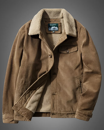 Brown corduroy jacket with a vintage design, featuring Sherpa lining for warmth. The jacket in the image has a button-up front, long sleeves, and a collar. It includes pockets for added functionality. The jacket is in a coffee color and is shown in a 4XL size, ideal for winter wear.