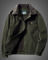 Braune Herren Cordjacke im Vintage-Stil mit Sherpa-Futter, in der Farbe Militärgrün, Größe 4XL, ausgestattet mit Kragen, Knöpfen, Taschen und langen Ärmeln, ideal für den Winter.