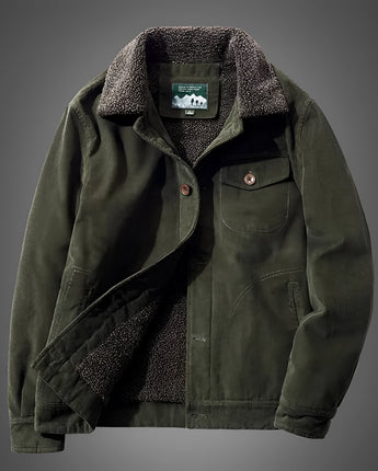 Braune Herren Cordjacke im Vintage-Stil mit Sherpa-Futter, in der Farbe Militärgrün, Größe 4XL, ausgestattet mit Kragen, Knöpfen, Taschen und langen Ärmeln, ideal für den Winter.