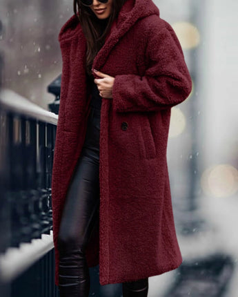 Long blue teddy coat for women, designed for winter fashion, shown in a red wine color and XL size, highlighting details such as the overcoat style, full sleeves, and cozy material.
