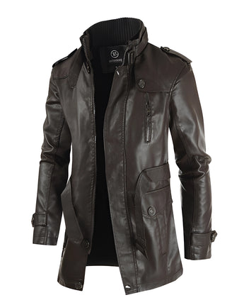 Brauner Langledermantel für Herren in Größe 3XL, Gothic-Stil, militärisch inspiriert, mit langen Ärmeln, Kragen und aus Naturmaterialien.