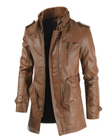 Beige Langledermantel Herren trenchcoat for men, Gothic style, winter wear, with military and biker influences, featuring long sleeves, buttons, and a formal collar.