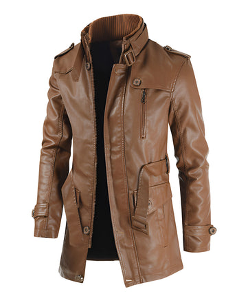 Beige Langledermantel Herren trenchcoat for men, Gothic style, winter wear, with military and biker influences, featuring long sleeves, buttons, and a formal collar.