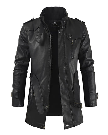 A man wearing a black leather trenchcoat with military and biker style elements, featuring long sleeves, a collar, and multiple pockets, suitable for winter and gothic fashion.