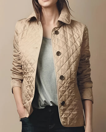 Navy Damen Designer Steppjacke doppelreihig tailliert in Khaki, Größe 5XL, mit elegantem Kragen und langen Ärmeln, modisch geschnitten und für stilvolle Outfits geeignet.