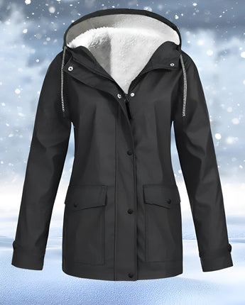 Dunkelgraue Winterparka für Damen in Größe 4XL, wasserdicht und isoliert, mit stilvoller Fellkapuze und langen Ärmeln, ideal für winterliches Wetter.