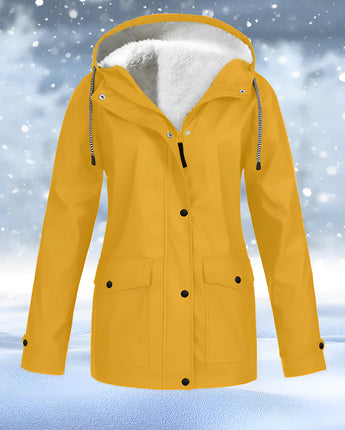 Yellow women's winter parka with a fur-lined hood, featuring a waterproof design and insulated material, available in size 4XL.
