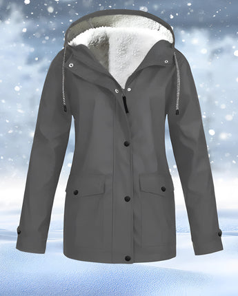 
A gray women's waterproof winter parka in size 4XL featuring a fur-trimmed hood, designed for insulation and style, with long sleeves suitable for snowy and cold weather conditions.