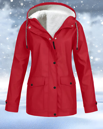 Red waterproof women's winter parka with a faux fur-trimmed hood and insulating material, featuring long sleeves and a stylish design in a 4XL size.